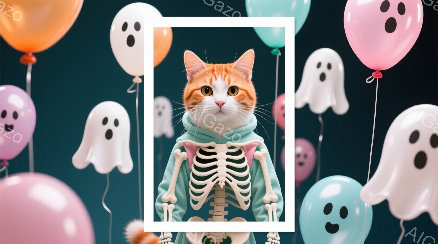 オレンジ色の猫が、骸骨柄の緑色のパーカーを着ています。猫はまっすぐ前を見ており、少し警戒した表情をしています。背景には、ハロウィンらしいお化けの形をした風船が浮かび、お祝いムードを演出しています。