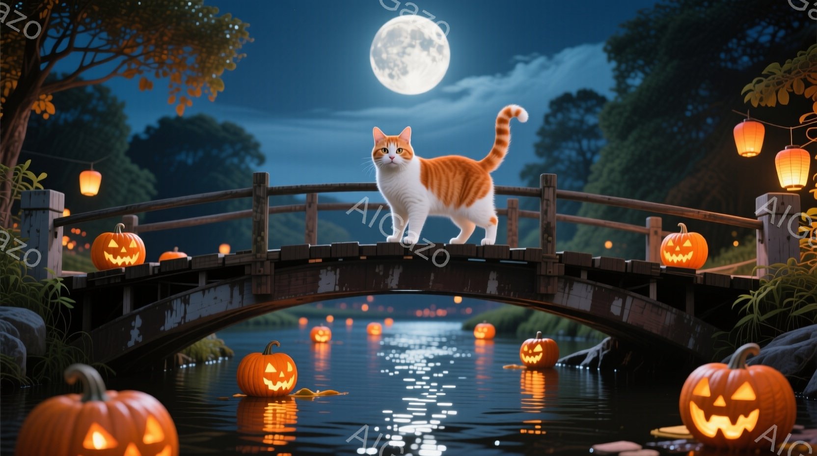 満月の夜、丸いオレンジ色の猫が古い木製の橋の上に堂々と立っている。橋の下の池には、不気味な笑顔を浮かべたジャック・オー・ランタンが浮かび、薄暗い光を放っている。背景には木々が生い茂り、ハロウィーンの夜 - AI生成フリー素材