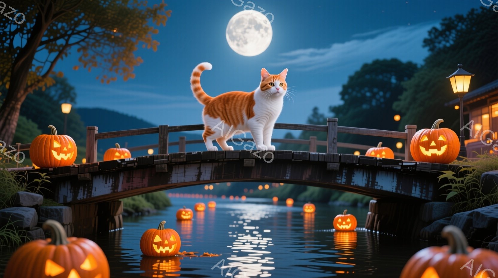 満月の夜、小さな橋の上にオレンジと白の猫が立っています。橋の欄干には様々な大きさのジャック・オー・ランタンが並び、水面にはその光が反射して幻想的な雰囲気を醸し出しています。背景には木々が生い茂り、遠く - AI生成フリー素材
