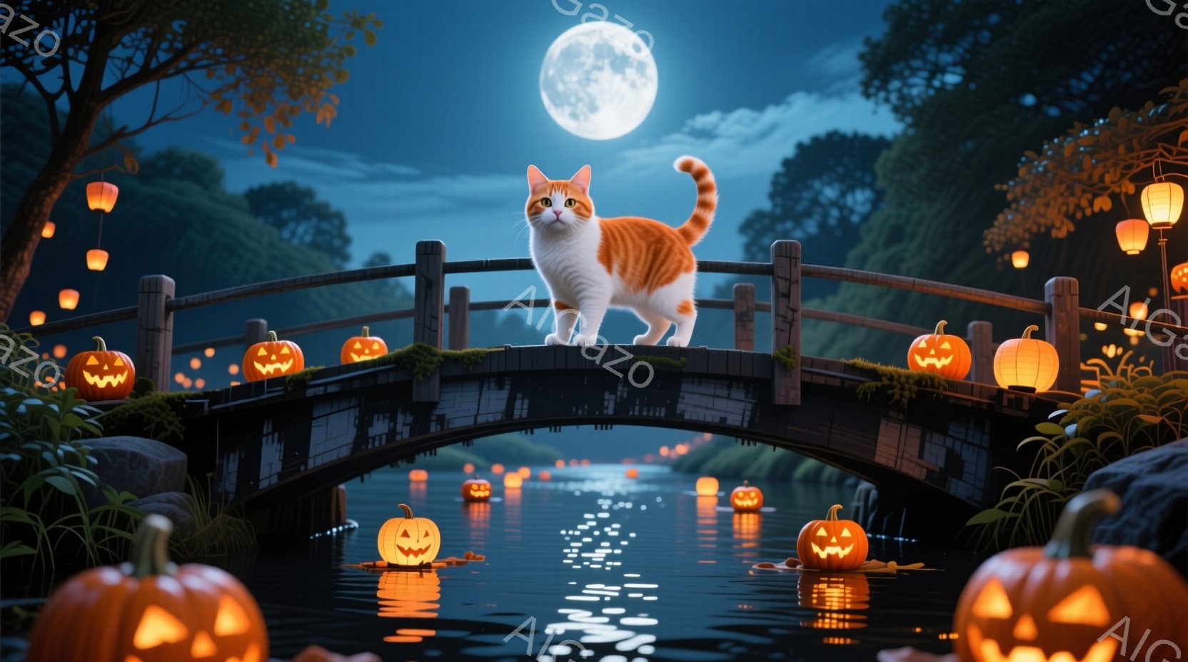 夜の静かな川にかかるアーチ橋に、オレンジ色の縞模様の猫が堂々と立っている。橋や川面には、ハロウィーンの象徴であるジャック・オ・ランタンが浮かび、月明かりの下で幻想的な光を放っている。背景には緑豊かな木々が広がり、全体的にハロウィーンの夜の静寂と神秘的な雰囲気が漂っている。