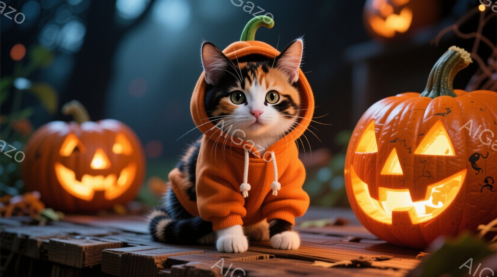 白と黒の毛並みにオレンジ色のセーターを着た子猫が、正面を見つめて座っています。背景には、明るく照らされたジャック・オー・ランタンがいくつか置かれており、木製のテーブルの上に配置されています。 全体的に、ハロウィーンの雰囲気があり、暖かく可愛らしい印象です。
