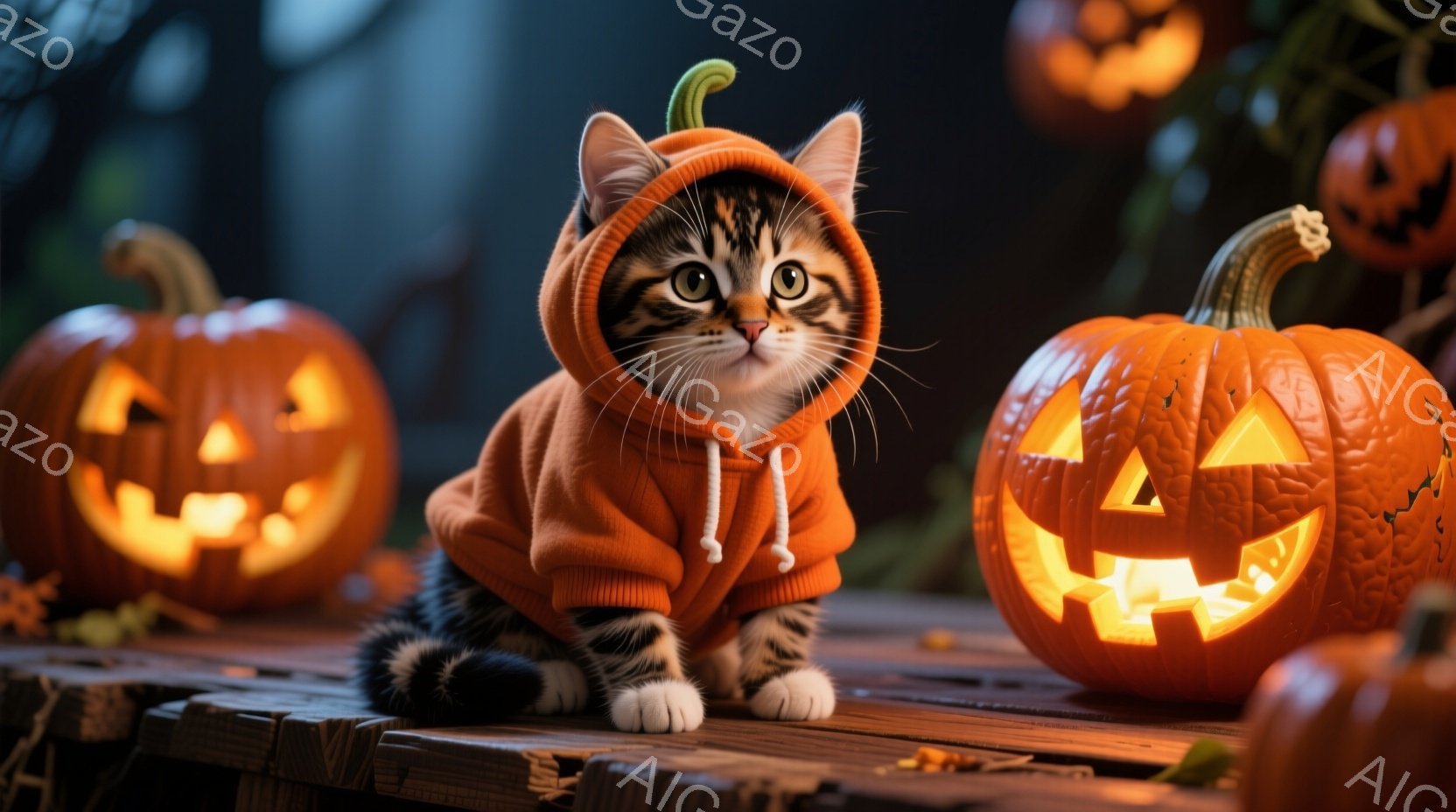小さな縞模様の猫が、オレンジ色のパーカーを着て、木製の台の上に座っています。猫は前足を伸ばし、正面を見ており、少し好奇心と警戒心のある表情をしています。背景には、彫刻が施されたオレンジ色のカボチャがい - AI生成フリー素材