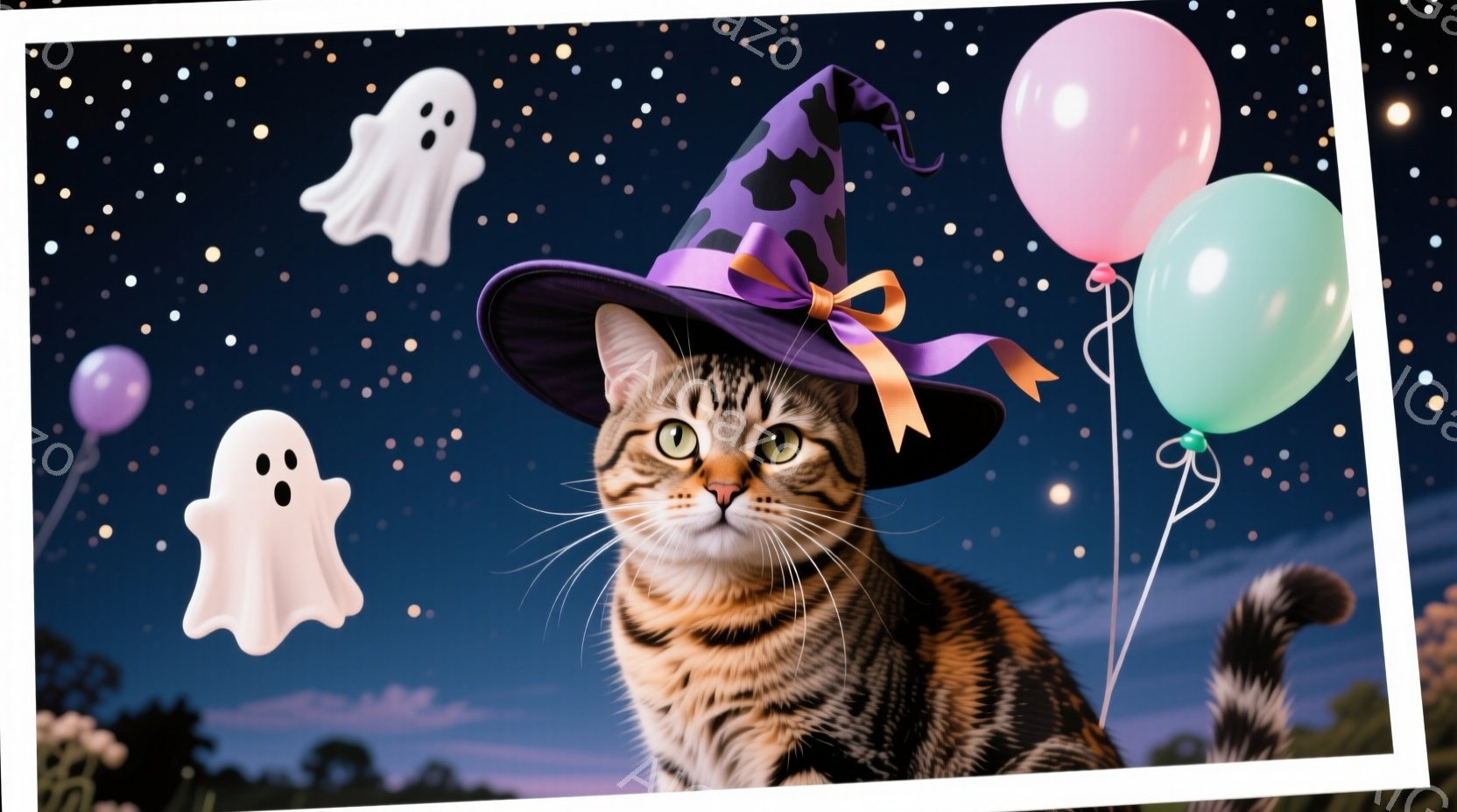オレンジと黒の縞模様の猫が、紫色の魔女帽子を被り、少し警戒した表情で正面を見据えています。背景には、青とピンクの風船と、浮かぶお化けが散りばめられた暗い夜空が広がっており、ハロウィーンのような雰囲気で - AI生成フリー素材
