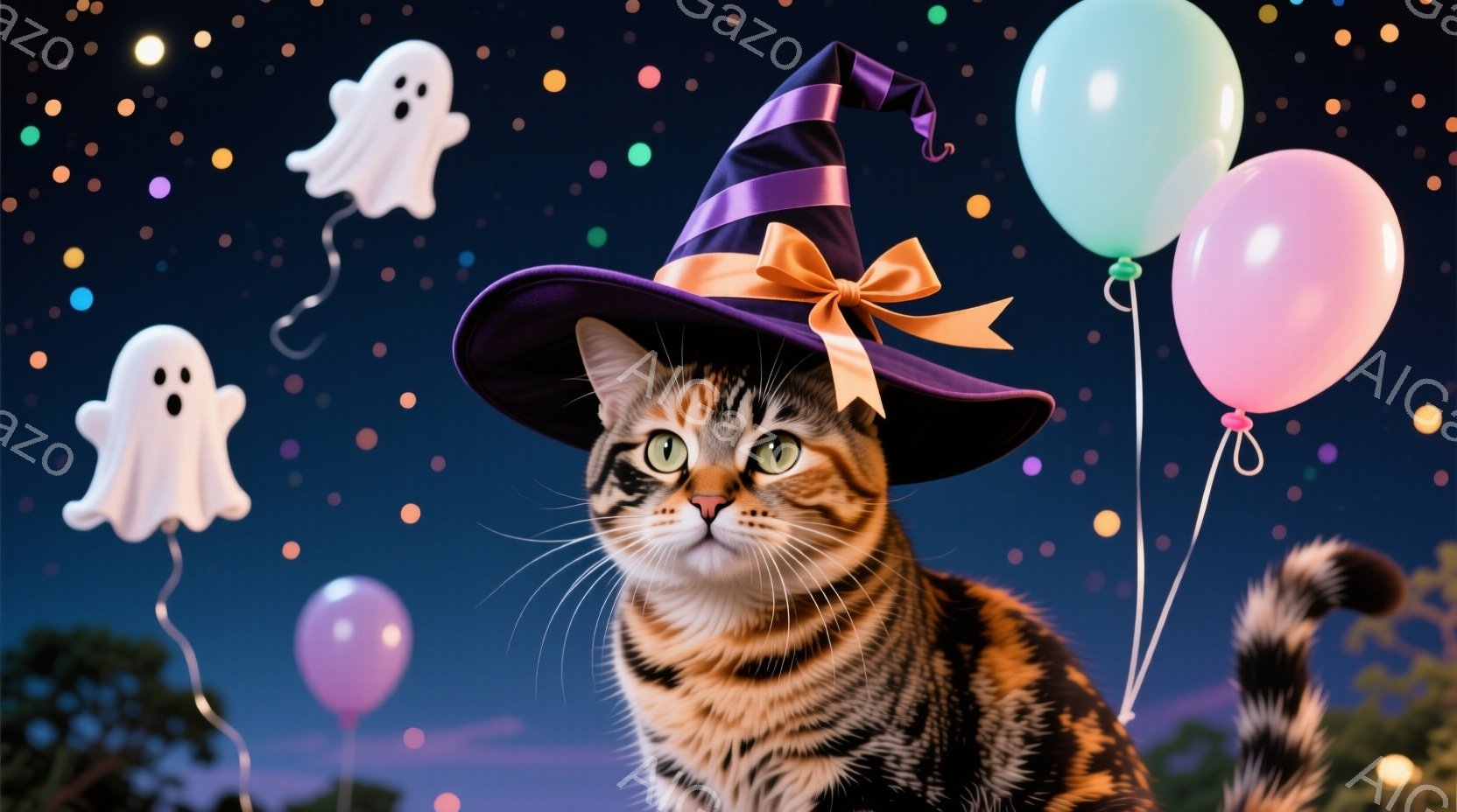 茶色の縞模様の猫が、紫色のリボンが付いた魔女帽子をかぶって正面を見つめています。背景には、薄紫と水色の風船と、いくつかのお化けの形をした光るものが浮かんでおり、夜空を模した暗い背景に星が散りばめられて - AI生成フリー素材