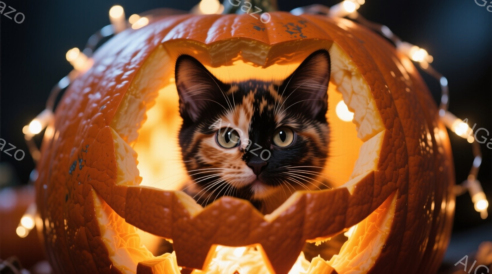 オレンジ色のジャック・オー・ランタンの中に、黒と茶色の縞模様の猫が顔を出しています。猫は正面をまっすぐ見つめており、少し好奇心と遊び心のある表情をしています。背景にはぼやけたオレンジ色の光が散りばめら - AI生成フリー素材
