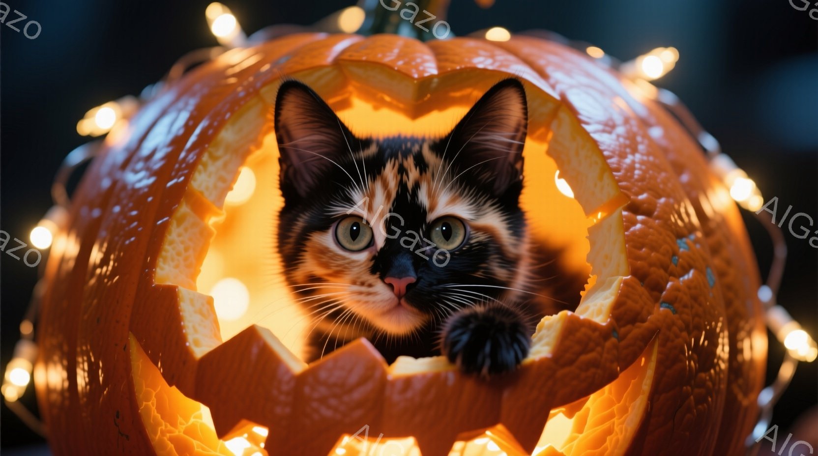 黒とオレンジの縞模様の猫が、くり抜かれたジャック・オー・ランタンの中からこちらを見つめている。猫は片方の前足を前に出し、好奇心と少しの警戒心を表す表情をしている。背景にはぼやけたオレンジ色の光が点滅し - AI生成フリー素材