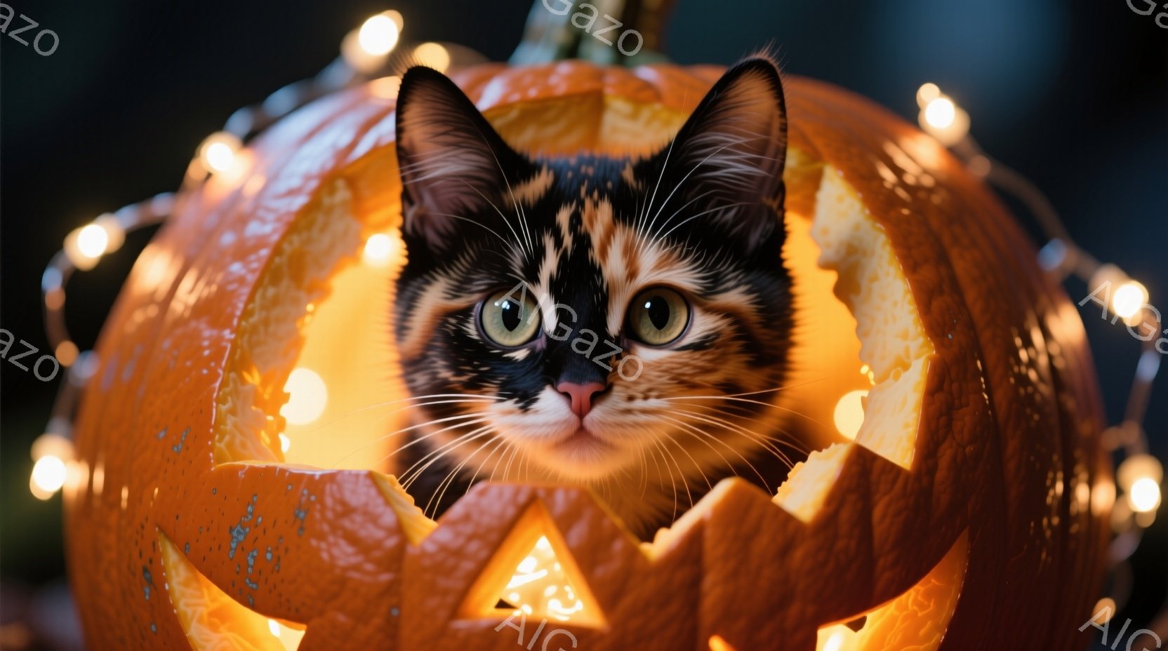 鮮やかなオレンジ色のジャック・オ・ランタンの中に、三毛猫が顔を出しています。猫は緑色の目を輝かせ、少しいたずらっぽい表情で正面を見ています。背景にはぼんやりとした光の糸が飾られており、ハロウィンの温か - AI生成フリー素材