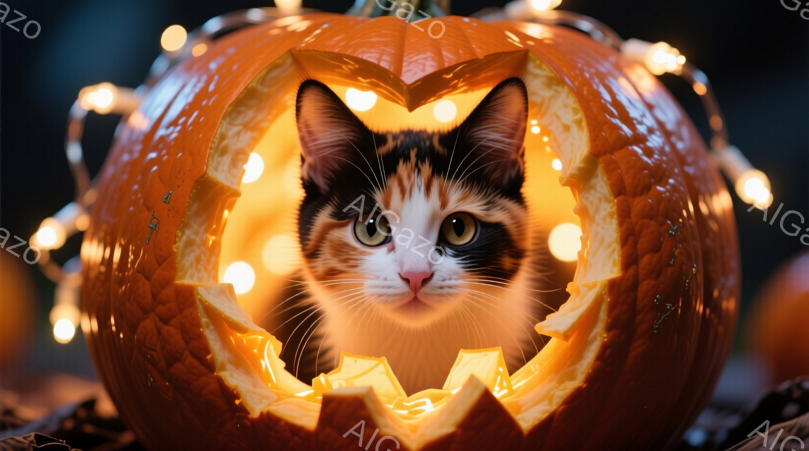 ハロウィンテーマの写真です。中心にあるタマネギンの形をしたカボチャに、オレンジと白の半分体でタイガーストライプが入っているカラフルなターキング・コティの顔が突き出しています。背景はハロウィンに見られるような暗い空間で、その周りに散らばった白の点光があり、全体として明るく楽しげな雰囲気を感じます。