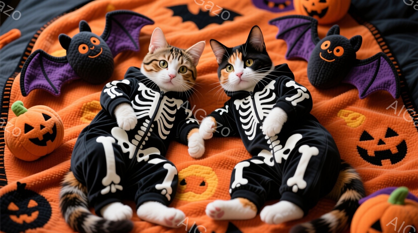 オレンジ色の背景に、骸骨の模様が入った黒いコスチュームを着た二匹の猫が並んで横たわっています。片方の猫は茶色と白の斑点模様で、もう片方は黒と白の斑点模様で、どちらも前足を伸ばしてリラックスした様子です。背景には、ハロウィーンの装飾であるカボチャやお化けのぬいぐるみなどが散りばめられており、可愛らしいハロウィーンの雰囲気を演出しています。