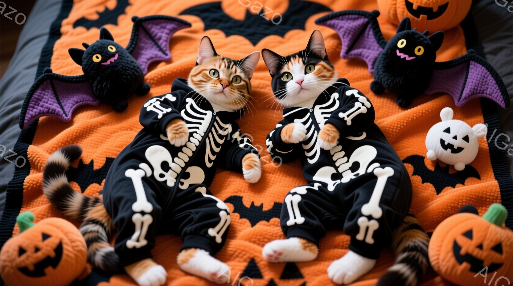 2匹の猫がハロウィーンをテーマにしたオレンジと黒の背景の中で、骨の模様が施された黒いジャンプスーツを着ています。猫たちは仰向けに寝ており、リラックスした表情でカメラを見ています。背景には、かぼちゃやコウモリのぬいぐるみがあり、ハロウィーンの雰囲気を盛り上げています。
