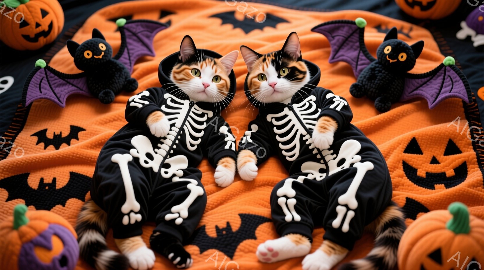 2匹の猫がハロウィーンのスケルトン柄の衣装を着て、オレンジ色の背景に座っています。猫たちは前足を揃え、少し戸惑ったような表情をしています。背景には、カボチャのぬいぐるみや黒いコウモリの飾りがあり、ハロ - AI生成フリー素材