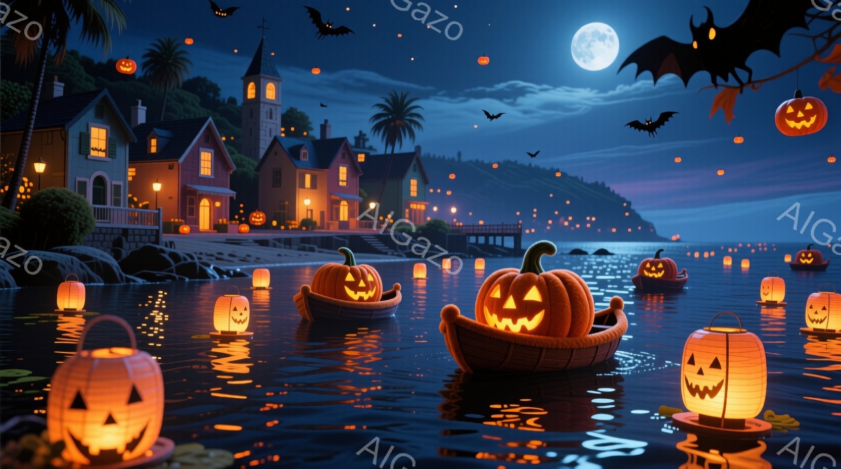 深夜の海に、カボチャで作られた小さな船が浮かび、それぞれが不気味な笑みを浮かべています。背景には、オレンジ色の光で照らされた、ハロウィーン風の家々が並び、シルエットのコウモリが月明かりの下を舞っています。全体的に、幻想的で少し不気味な、ハロウィーンの夜の雰囲気が漂っています。