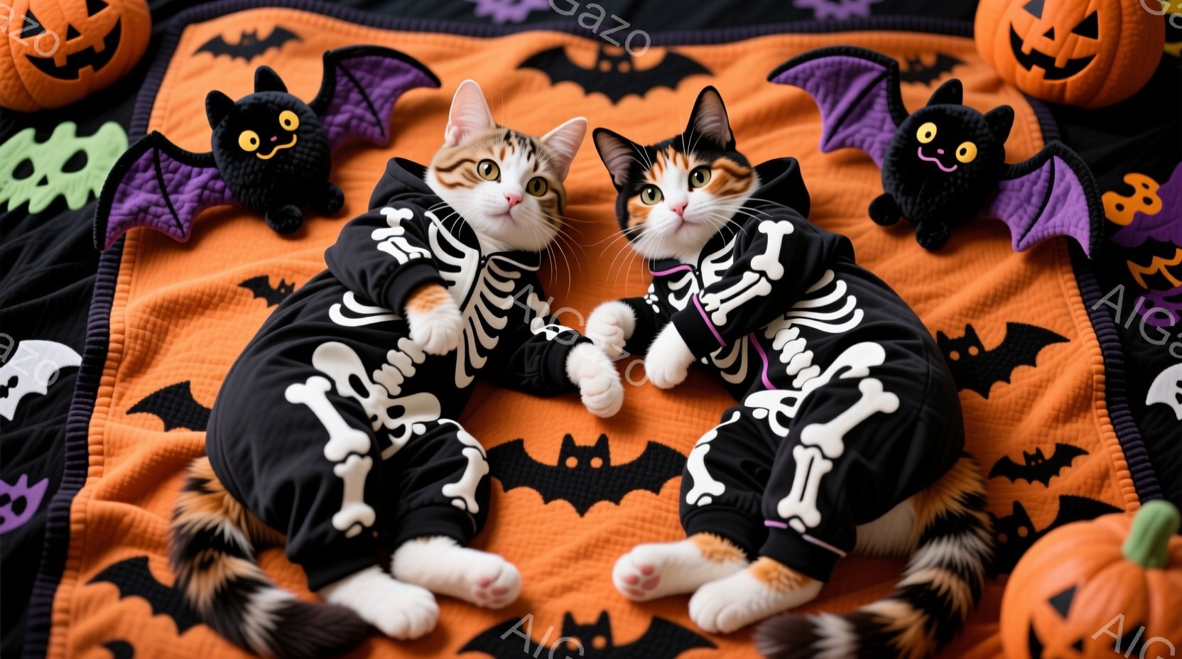 オレンジと黒のハロウィン柄の背景に、骨柄のパーカーを着た2匹の猫が腹ばいになって寄り添っています。猫たちはそれぞれ異なる毛色をしており、リラックスした表情でカメラを見つめています。背景には、かぼちゃやコウモリのぬいぐるみがあり、全体的に可愛らしく、お祝いムード満載の雰囲気が漂っています。