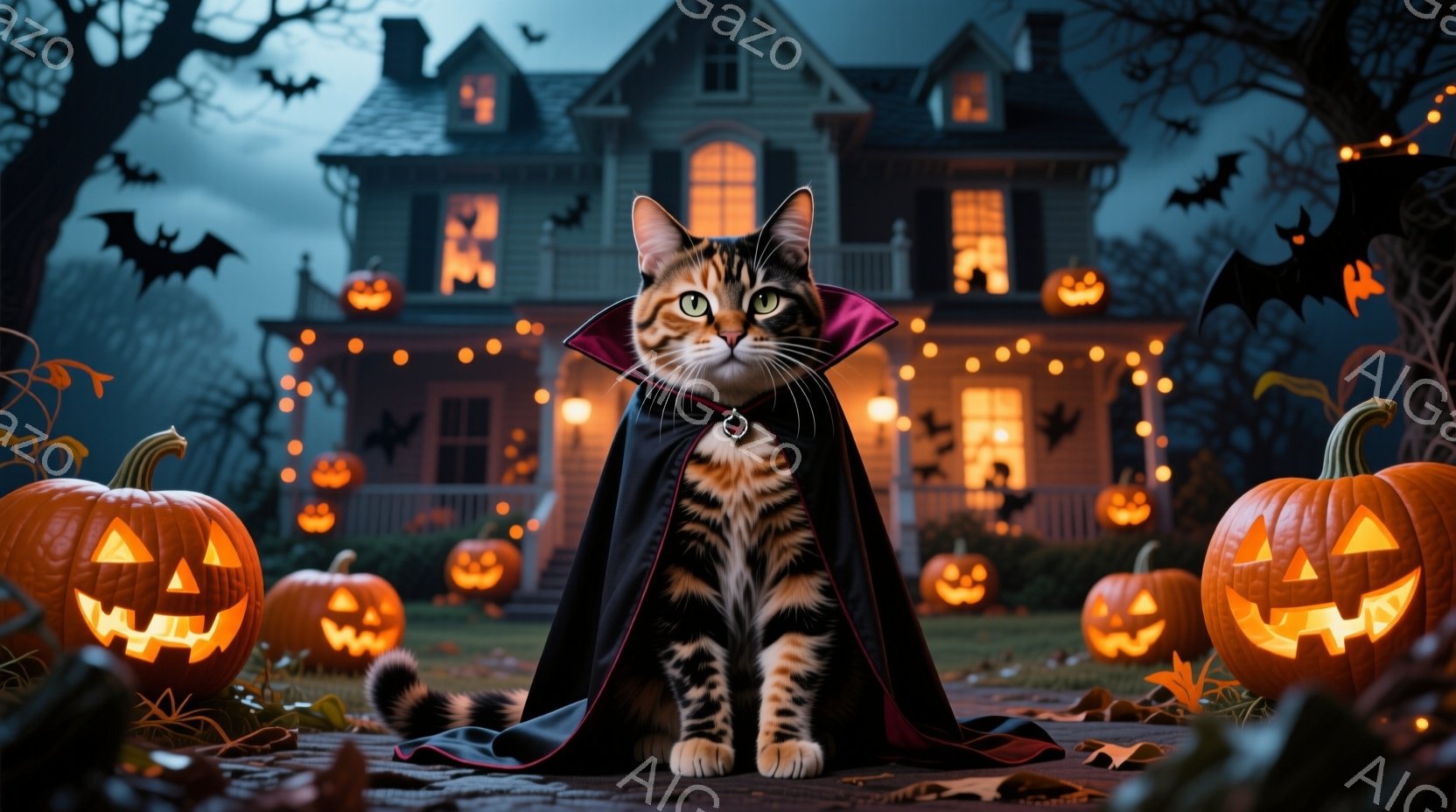 オレンジと黒の毛並みを持つ猫が、赤いマントと首輪を身につけ、まるでハロウィンの衣装を着ているかのように座っている。背景には、ジャック・オー・ランタンが並び、薄暗い光を放つ屋敷と、黒いシルエットのコウモ - AI生成フリー素材