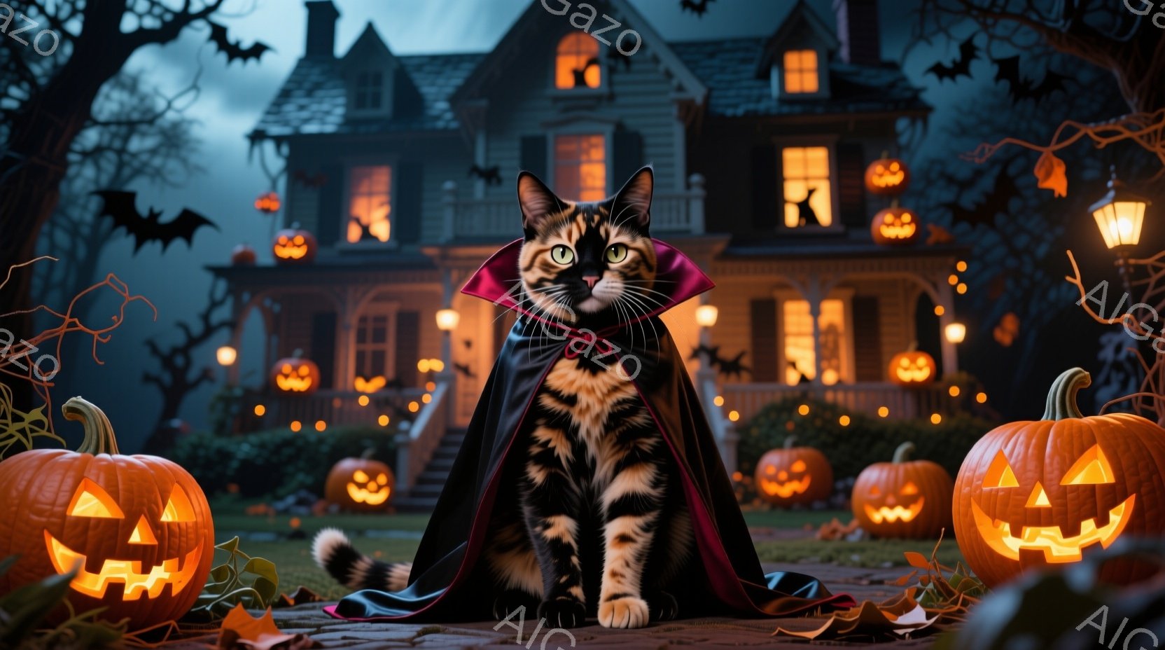 猫が「ハロウィン」スタイルで写真に登場。猫は長髪のマジックワンドを持ち、夜空に光る屋敷を背景にしている。恐らく人間が猫を扮することで、ユーモラスな感情を引き出します。