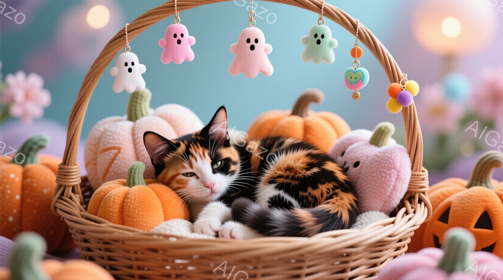 明るいオレンジとクリーム色のハロウィン風の背景の中に、三毛猫がカボチャでいっぱいのバスケットの中で丸まって眠っています。猫はリラックスした表情で、片方の前足を伸ばし、他の前足は顔の近くにあります。バスケットの上には、かわいいゴーストのオーナメントがぶら下がっており、全体的に温かく、遊び心のある雰囲気が漂っています。