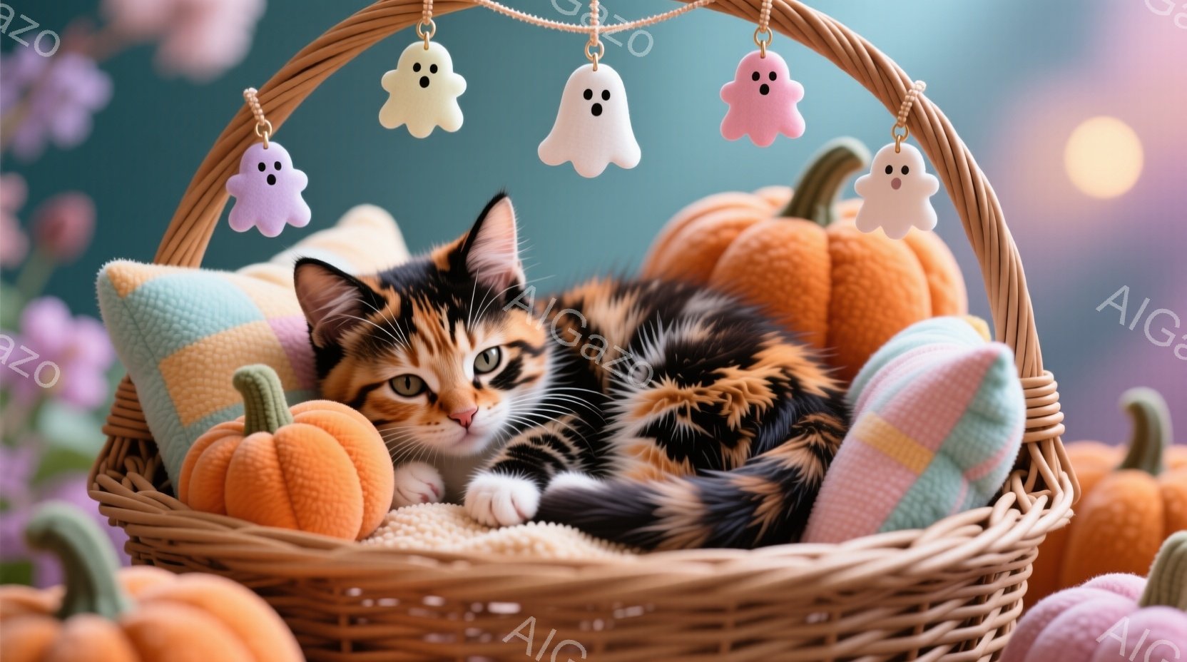 オレンジと黒の毛並みが美しい子猫が、編まれたバスケットの中に丸まって眠っています。バスケットの中には、ハロウィーンの装飾である小さなカボチャや、パステルカラーのゴーストモチーフのガーランドが敷き詰めら - AI生成フリー素材