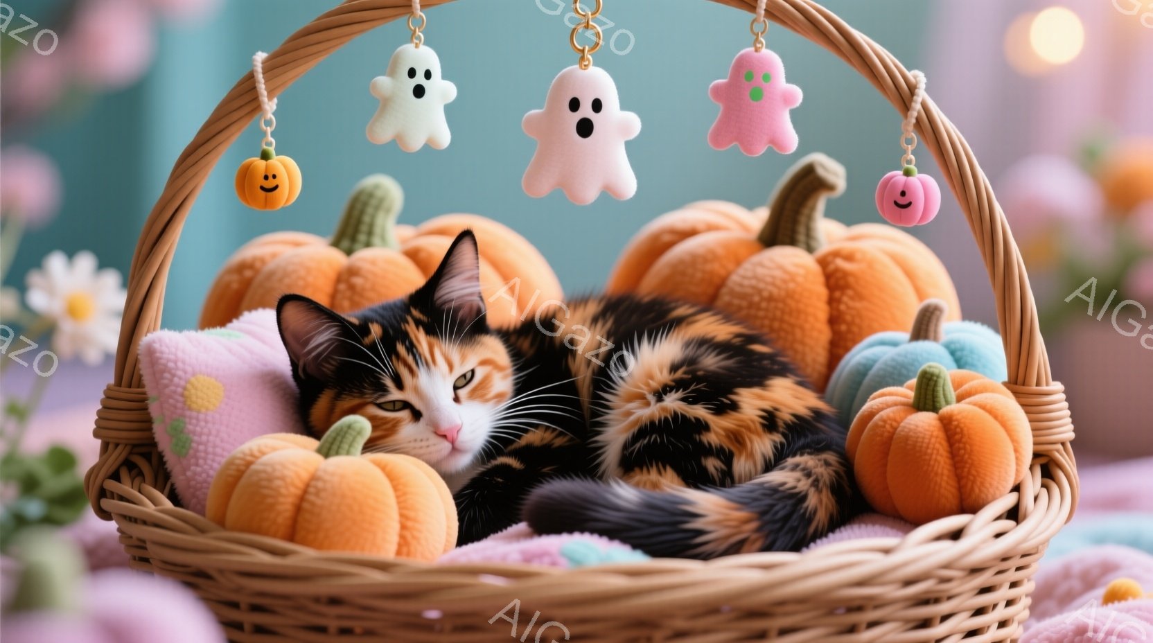 秋のテーマを持ったスタイル写真です。中央にあるオランジ色の籠には、琥珀色のカラフルな豆やパンプキンが入っています。それぞれの豆には、毛玉のようなスポットがついており、それらを支える金色のペンダントが取り付けられています。 カラフルで可愛いカラフルキャットは、籠に入り、寝たままです。その目は半開きで、とてもリラックスした表情をしています。カタコイカラーの体魚で、耳は高く立っており、手足が長く伸びた状態であることが特徴的です。