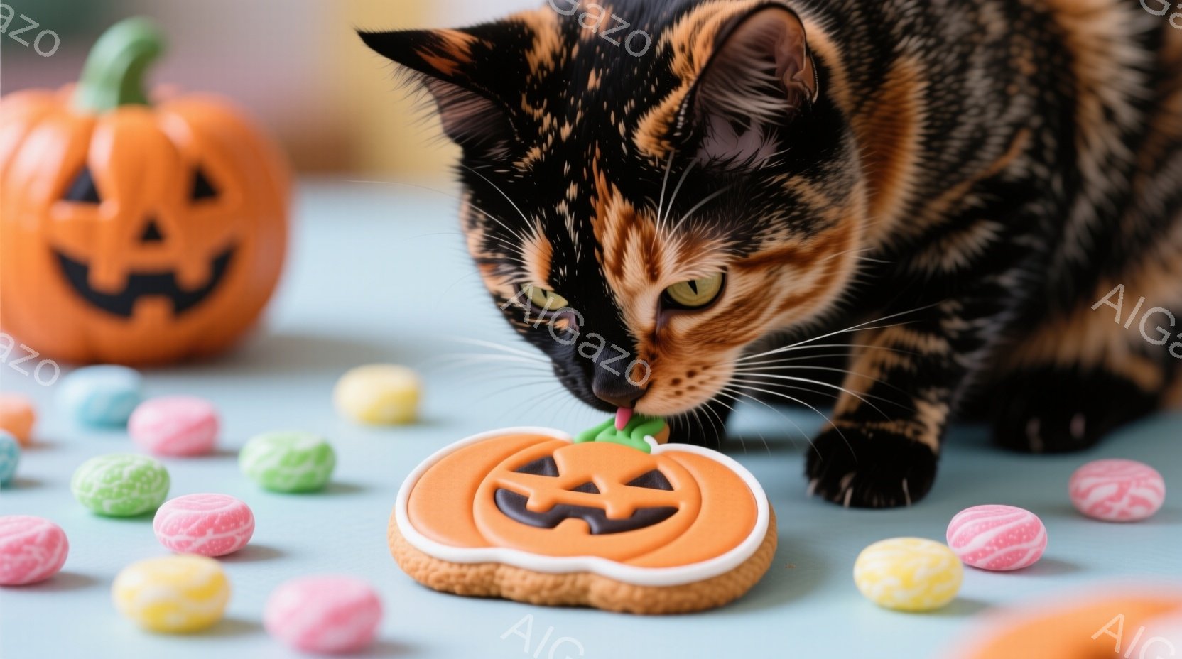 茶トラ猫がハロウィーンのクッキーに鼻を近づけています。背景にはオレンジ色のジャック・オ・ランタンとカラフルなキャンディーが散りばめられており、明るい水色の背景が秋の温かい雰囲気を引き立てています。猫は興味津々とした表情で、ハロウィーンのお菓子に夢中になっている様子が伺えます。