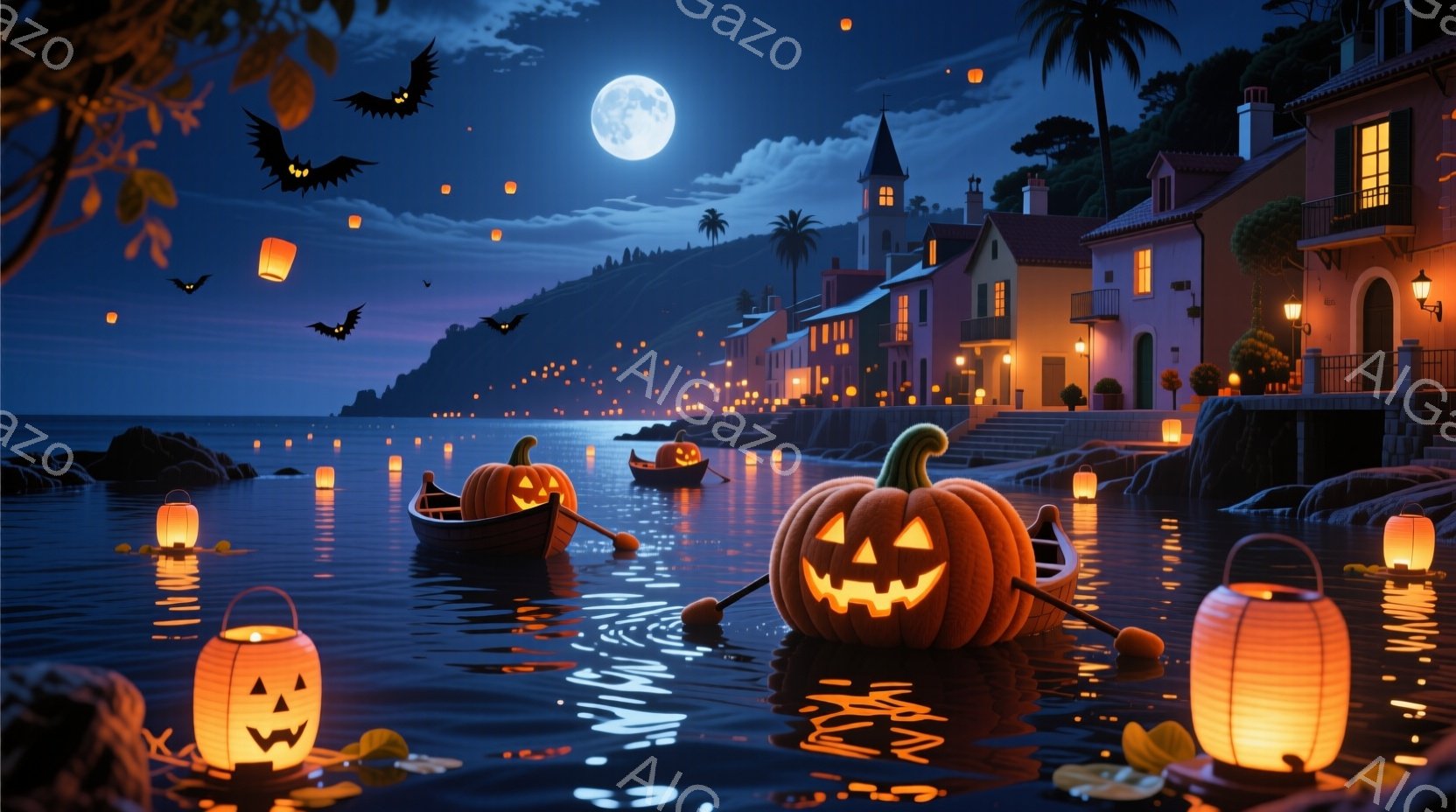 夜の町の水邊で、多数の点灯スクリーンが周りに照らすため、幽玄な氛が漂っています。それぞれの点灯は特別なパターンを持ち、一部は動きやすく見えるように調整されています。夜空には月が光り、彩り豊かな鳥が飛んでいます。町の建物は古風で、窓が明るく飾られており、屋上にランプが燃しているところもあります。様々な季節の木が周辺に見えるため、風景は絶大な美麗さを持っています。