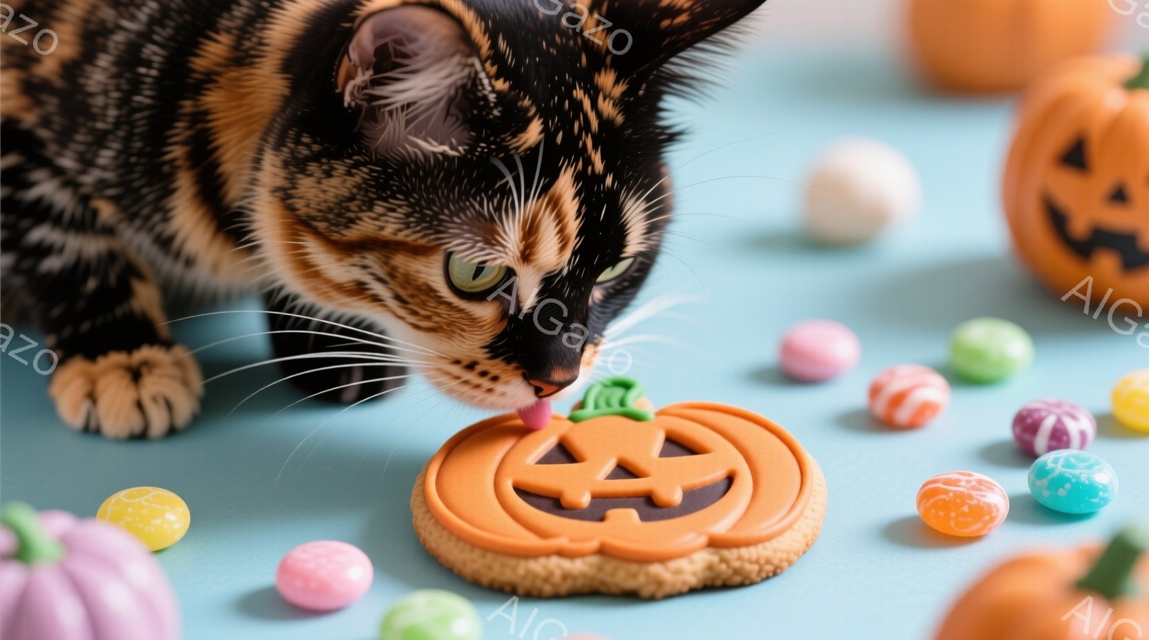 茶トラと白の猫が、ハロウィーンのクッキーを舐めています。背景は水色の背景に、さまざまな色のキャンディーと小さなカボチャの置物が散りばめられており、ハロウィーンの雰囲気を醸し出しています。猫はクッキーに興味津々で、顔を近づけて楽しんでいる様子が伺えます。