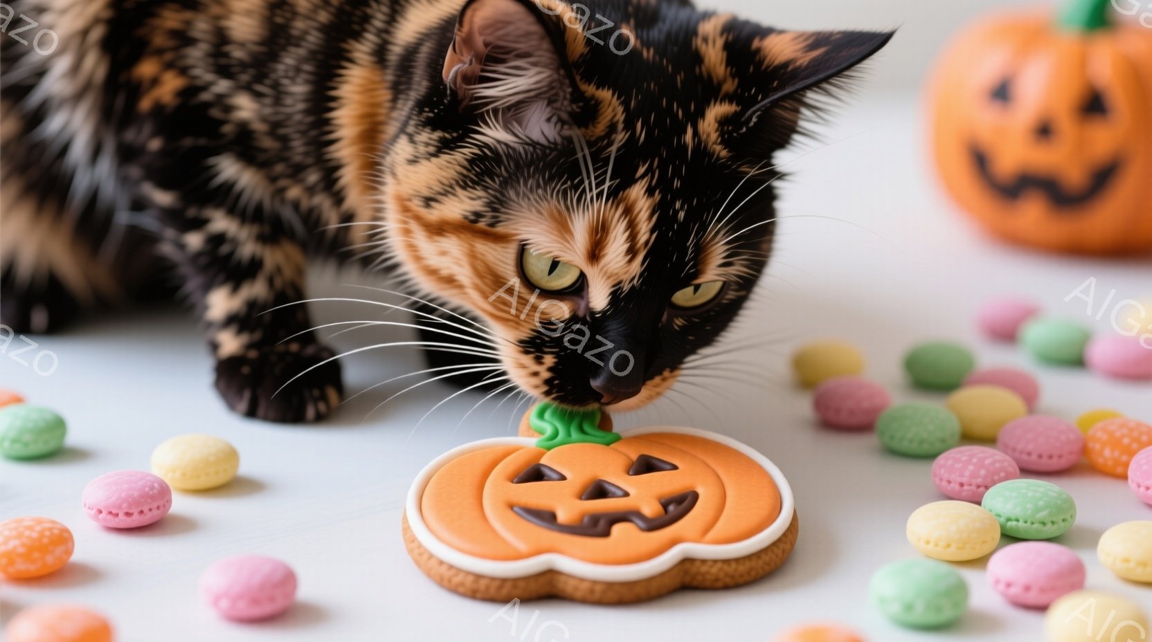 白い背景の上に、オレンジと黒の模様の猫が、ハロウィンのパンプキンクッキーを舐めています。周りにはパステルカラーのマカロンが散りばめられ、背景には小さくてオレンジ色のカボチャの置物がぼんやりと見えます。温かく可愛らしい雰囲気で、ハロウィンシーズンを感じさせます。