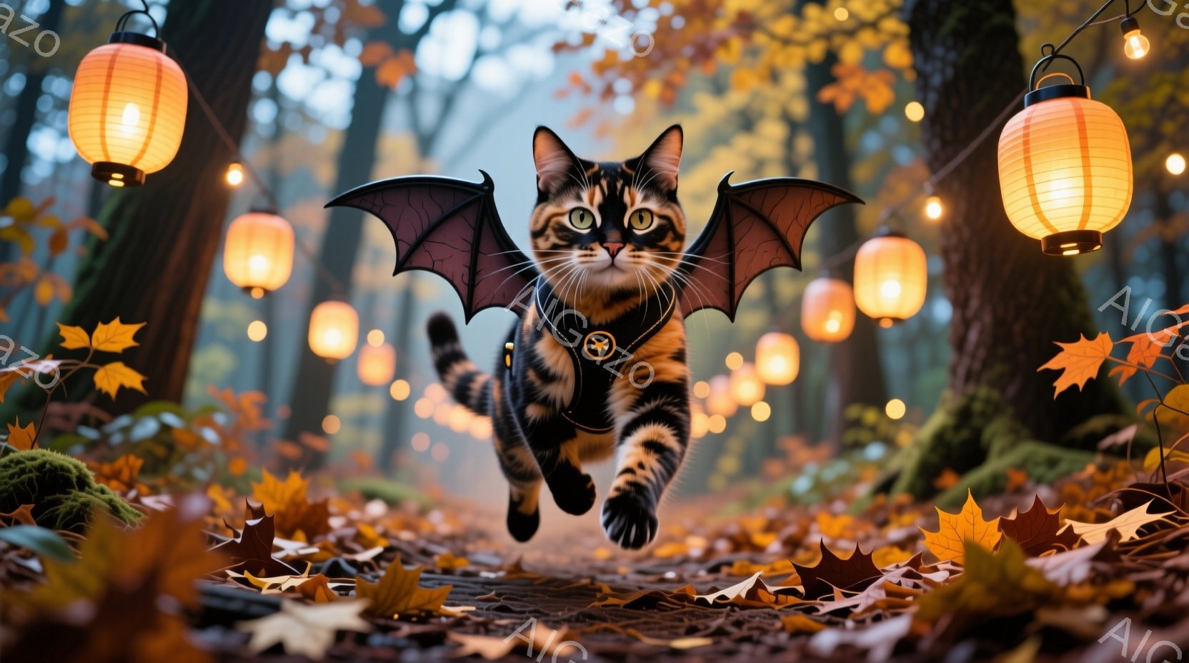 茶トラ猫が、まるで飛んでいるかのように空中で駆け抜けている。猫は黒いハーネスを身につけ、背中にはコウモリのような翼が付いている。背景は秋の森で、地面は落ち葉で覆われ、暖かい光を放つ提灯が並んでいる。