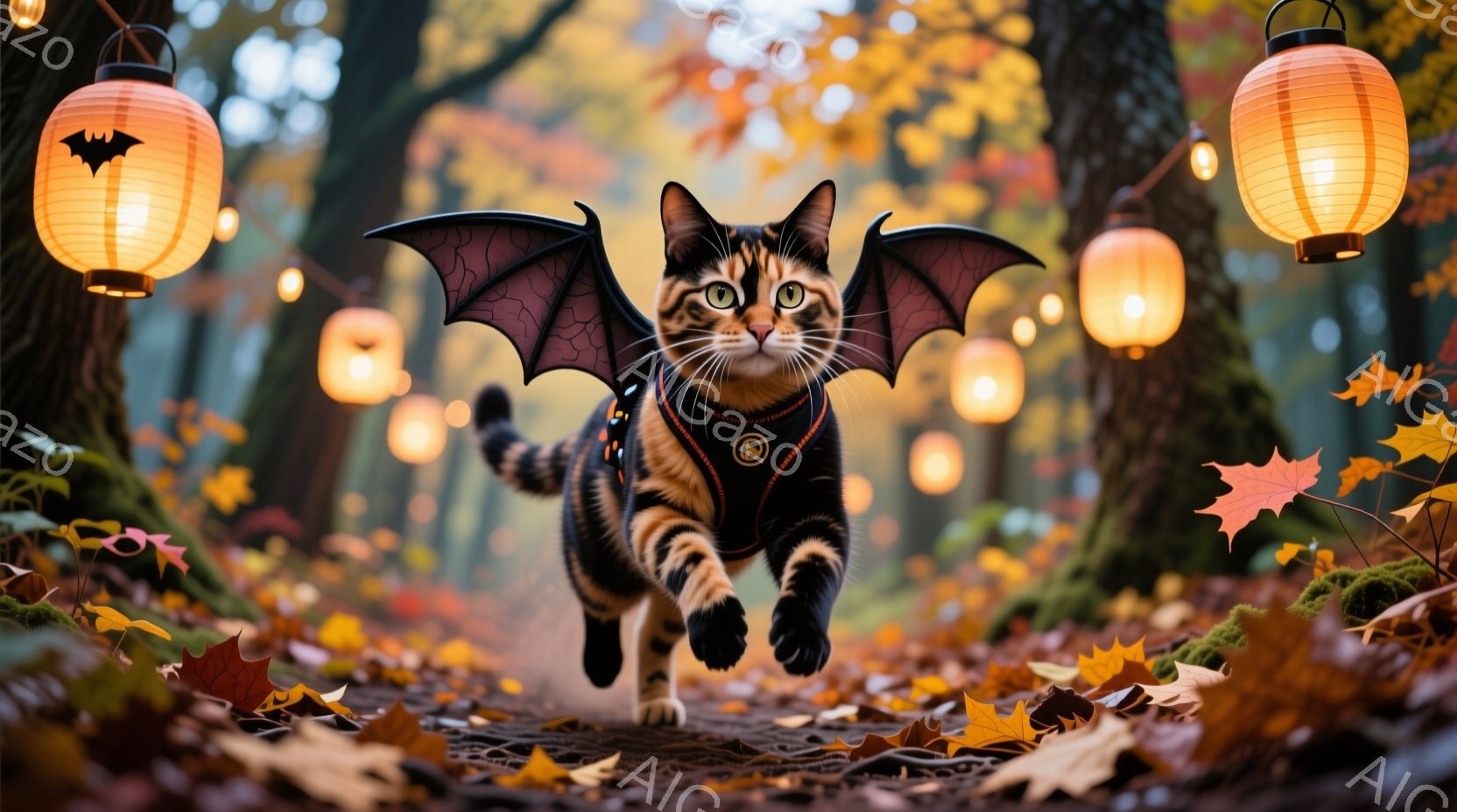 夜空の中で、日本の寺院の近くを走るキジレッド（団子猫）を描いたものです。キジレッドは、黒いオールバックがついており、全身が青白い色になっています。そして、赤いカラフルリングがついていることも特徴です。背景は、照明付きの紅葉樹林であり、木々を圧倒的に取り囲んでいます。雰囲気は、秋の神秘感と、日本の文化が融合したようなものです。