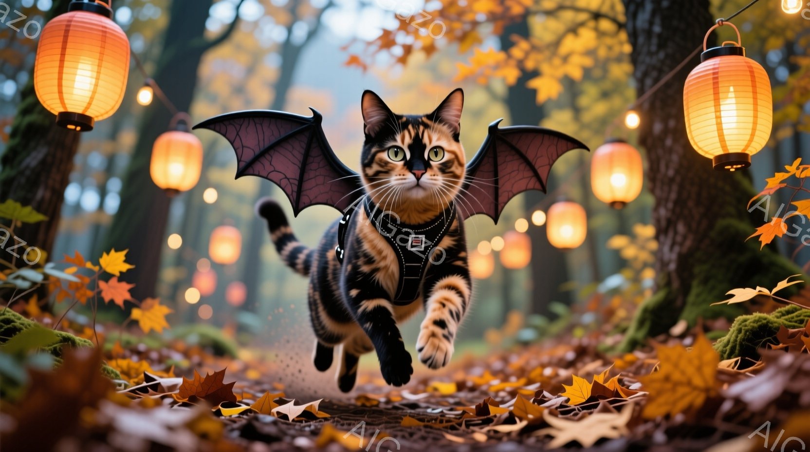 明るいオレンジと茶色の毛並みを持つ猫が、翼を広げて森の中を走り去っています。猫はハーネスを身につけており、楽しげな表情で、周囲には落ち葉が舞い、背景にはぼんやりと木々が見えます。温かい光を放つ提灯が木々の間を照らし、秋の穏やかで幻想的な雰囲気を醸し出しています。