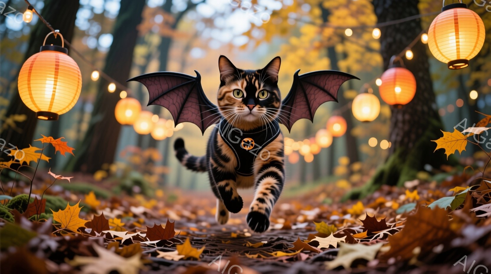 縞模様の猫が、まるで空を飛んでいるかのように、落ち葉が敷き詰められた森の中を駆け抜けている。黒い翼のようなものが背中に装着されており、ハロウィーンの衣装を着ているようだ。背景には、オレンジ色の提灯が並 - AI生成フリー素材