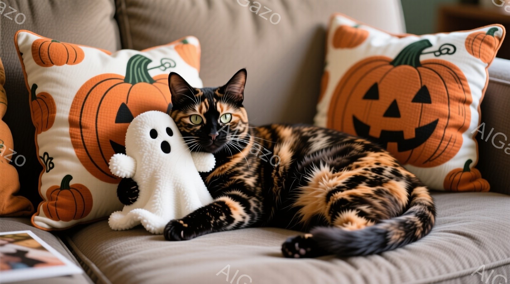オレンジと黒の模様をした猫が、ハロウィーン柄のクッションに囲まれたソファに横たわっています。猫は白い幽霊のぬいぐるみに寄り添い、リラックスした表情でこちらを見ています。背景は落ち着いた色調の室内で、暖 - AI生成フリー素材