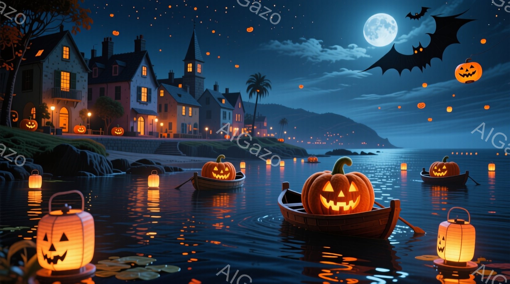 夜の海に、カボチャをくり抜いて作ったランタンが積まれた小舟が浮かび、不気味でありながらも幻想的な光景が広がっている。背景には、ライトアップされた建物と、遠くに見える山々が連なり、月明かりと星空が海面を照らしている。ハロウィンの夜を思わせる、どこかノスタルジックで趣のある雰囲気が漂っている。