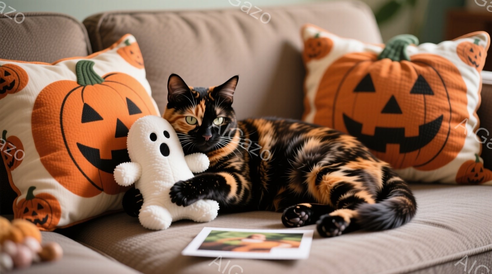 鮮やかなオレンジ色のジャック・オー・ランタン柄のクッションに寄りかかり、三毛猫がリラックスして横たわっています。猫は小さな白いお化けのぬいぐるみをおもちゃのように抱え、こちらを見て穏やかな表情をしてい - AI生成フリー素材
