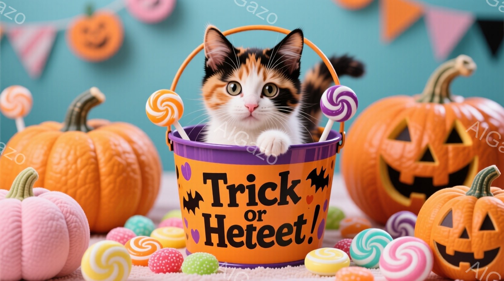 明るい紫色の「トリック・オア・トリート」と書かれたバケツの中に、白とオレンジのキジトラ猫が座っています。猫は好奇心いっぱいの表情で、バケツの縁から前足を伸ばしています。背景には、ハロウィーンカボチャやカラフルなキャンディーが散りばめられており、全体的に明るく楽しいハロウィーンの雰囲気を醸し出しています。