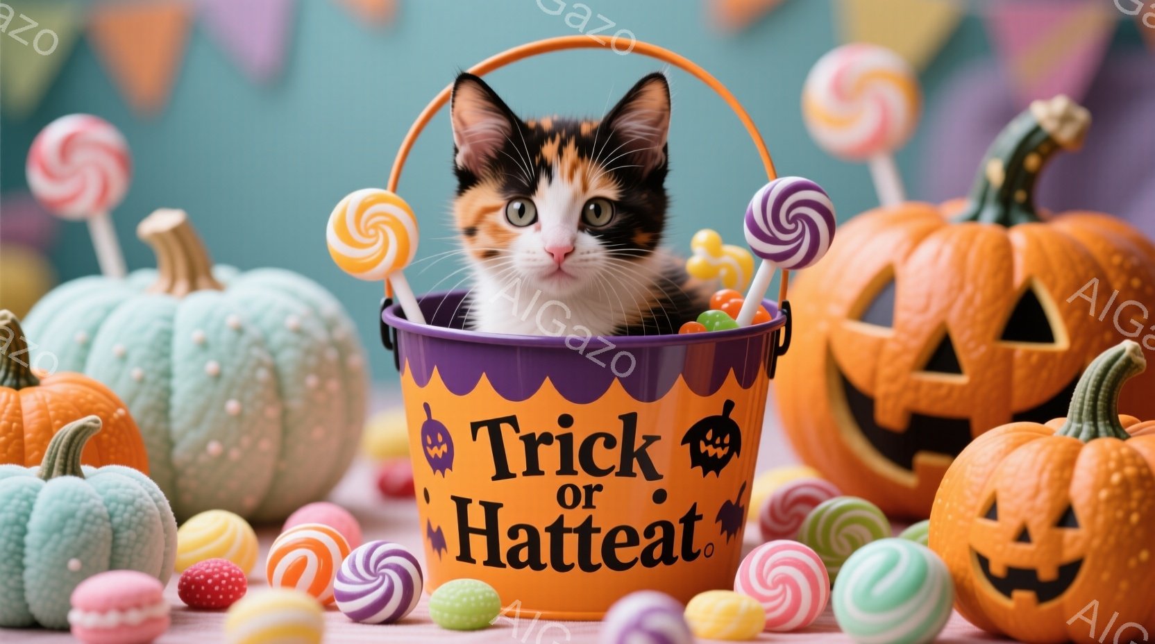 「トリックまたはハッタン」をテーマにする、カラフルで楽しいイラストです。中央には、猫が様々な飴やお菓子を乗せたハロウィンのバックグラウンドでおもむろに座っています。猫は「トリックまたはハッタン」と書かれた、よく知られるオレンジと白のパンプキンを上手に噛んでいるような表情で、人気のあるキャラクターのような感覚があります。、ハロウィンの節目での楽しみを感じさせるものです。