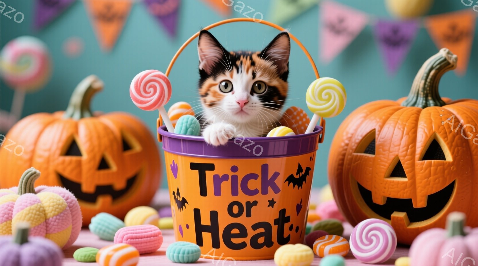 ハロウィーンをテーマにした画像で、オレンジ色のカボチャやキャンディが散りばめられています。紫色の「Trick or Treat」と書かれたバケツの中から、三毛猫が顔を出しており、好奇心いっぱいの表情でこちらを見ています。全体的に明るく、楽しいハロウィーンの雰囲気が漂っています。