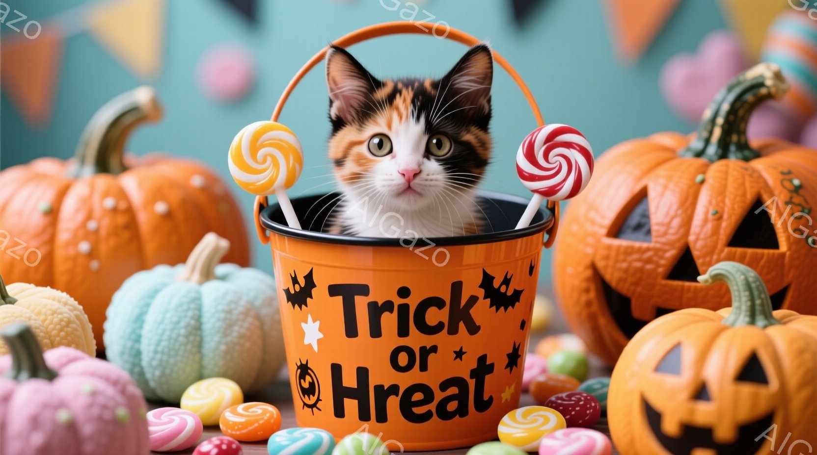 オレンジ色の「Trick or Treat」と書かれたバケツの中に、三毛猫が顔を出しています。バケツの周りには、様々な色や形のキャンディーや、カラフルなハロウィーンの飾り付けのカボチャが散りばめられています。全体的に明るく可愛らしい雰囲気で、ハロウィーンの楽しさを表現しています。