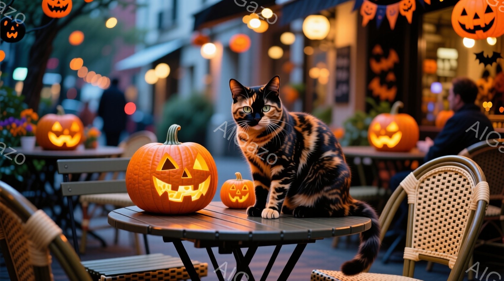 テーブルの上に黒と茶色の模様の猫が座っており、ハロウィーンの小さなカボチャのランタンが並んでいます。背景にはぼやけた建物と、オレンジ色のハロウィーンの装飾が施された通りがあり、夜の雰囲気です。猫は落ち - AI生成フリー素材