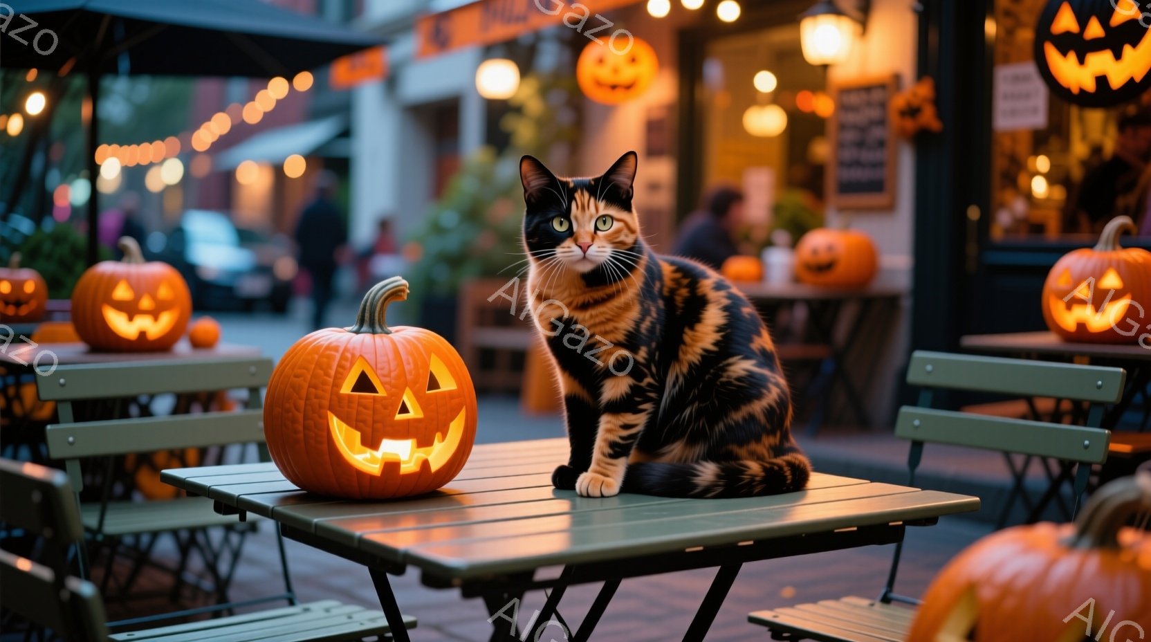 オレンジと黒の毛並みを持つ猫が、ハロウィーンの飾りであるくり抜かれたカボチャの隣の緑色のテーブルに座っています。背景には、ハロウィーンの装飾がされたお店や、ぼんやりと見える人々が見え、暖かい光が灯っています。 全体として、秋の夜の穏やかで心地よいハロウィーンの雰囲気を感じさせます。
