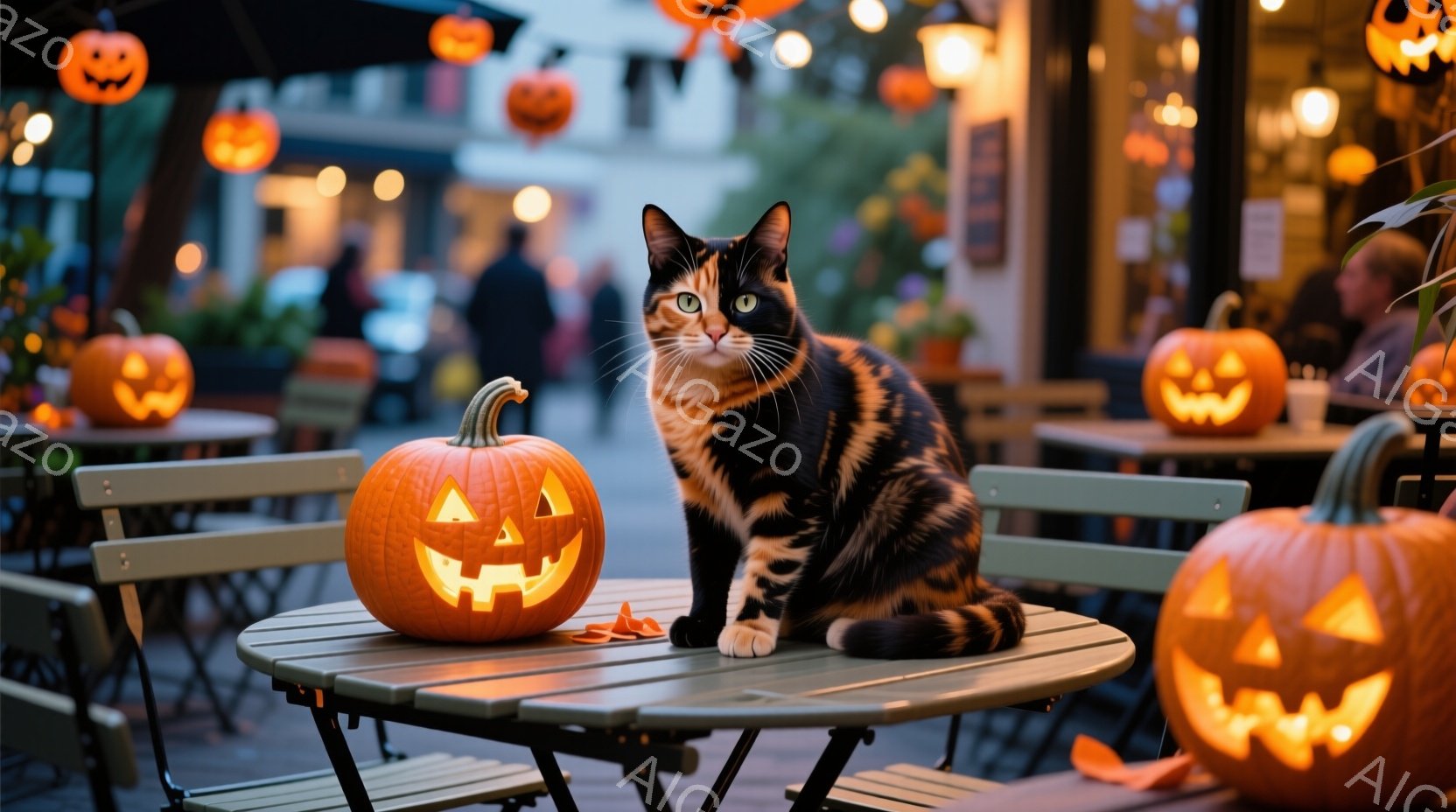 テーブルの上に座っているのは、オレンジと黒の模様の猫です。ハロウィーンの飾り付けであるジャック・オー・ランタンが周囲に置かれ、その温かい光が猫を照らしています。背景にはぼやけた人物と建物が見え、秋の夜 - AI生成フリー素材