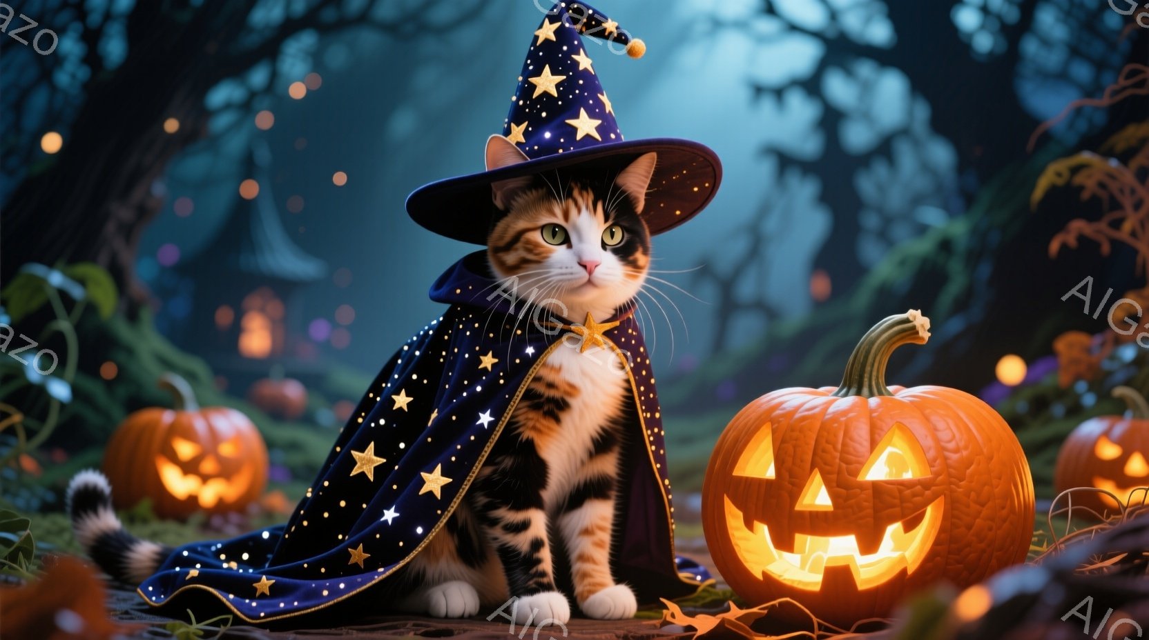 オレンジと白の縞模様の猫が、星が散りばめられた青い魔法使いの帽子とマントを身につけて座っています。猫は正面を見ていて、穏やかで少し好奇心旺盛な表情をしています。背景には、光るジャック・オー・ランタンが - AI生成フリー素材