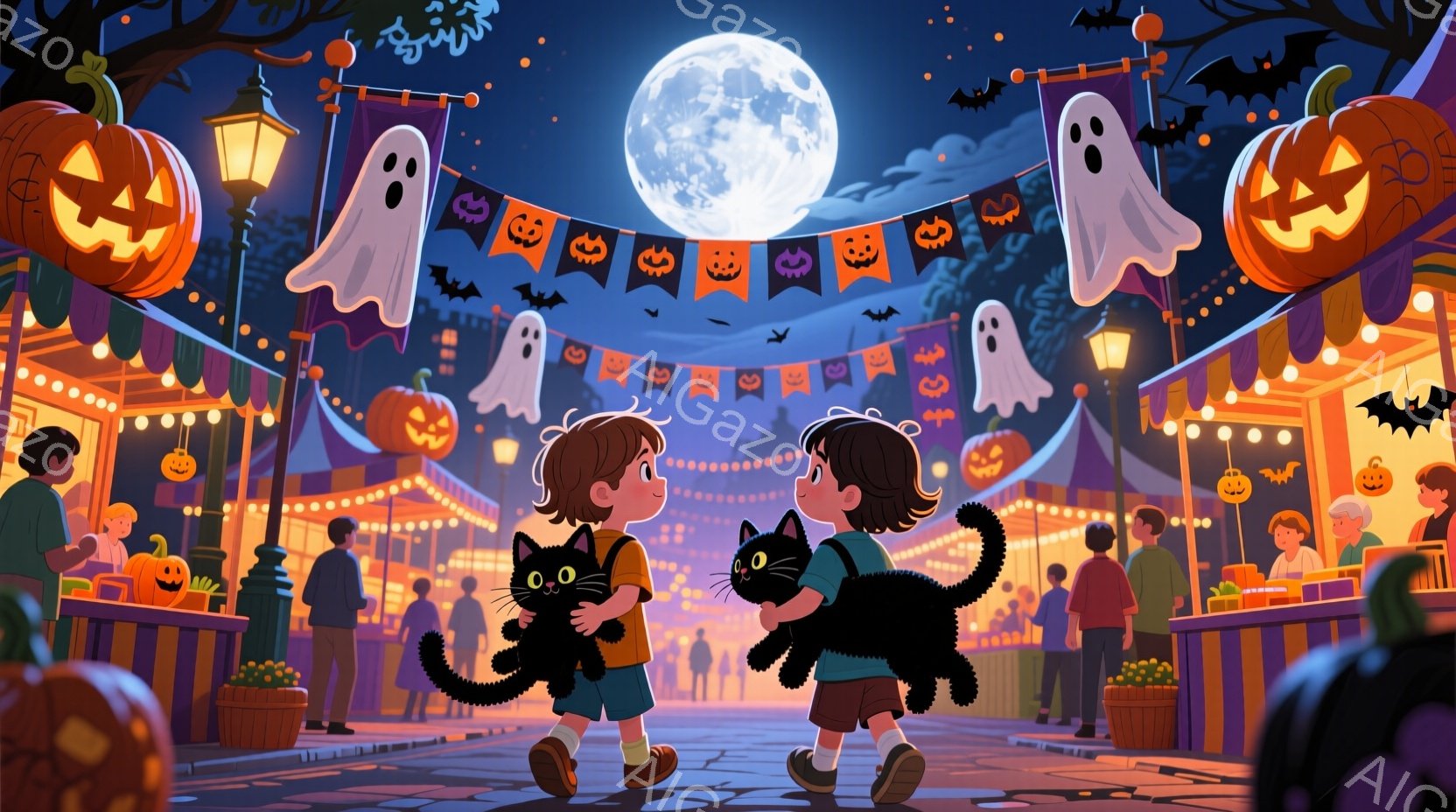 少年と少女が、それぞれ黒猫を抱きしめながら互いを見つめています。背景にはハロウィンの飾り付けが施された屋台が並び、人々が楽しそうに歩き回っています。満月が輝き、夜空にはコウモリが舞い、ハロウィンの夜の - AI生成フリー素材