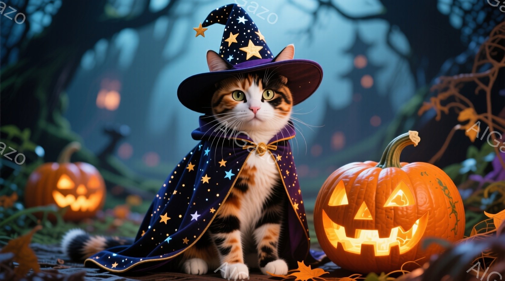 白とオレンジ色のまだら模様の猫が、星が散りばめられた紫色の魔法使いの帽子とマントを身につけて座っています。顔は穏やかで、大きく丸い瞳が印象的です。背景には、ジャック・オー・ランタンがいくつか灯り、落ち葉が積もった地面と暗い森が広がっており、ハロウィーンの夜の神秘的な雰囲気を醸し出しています。