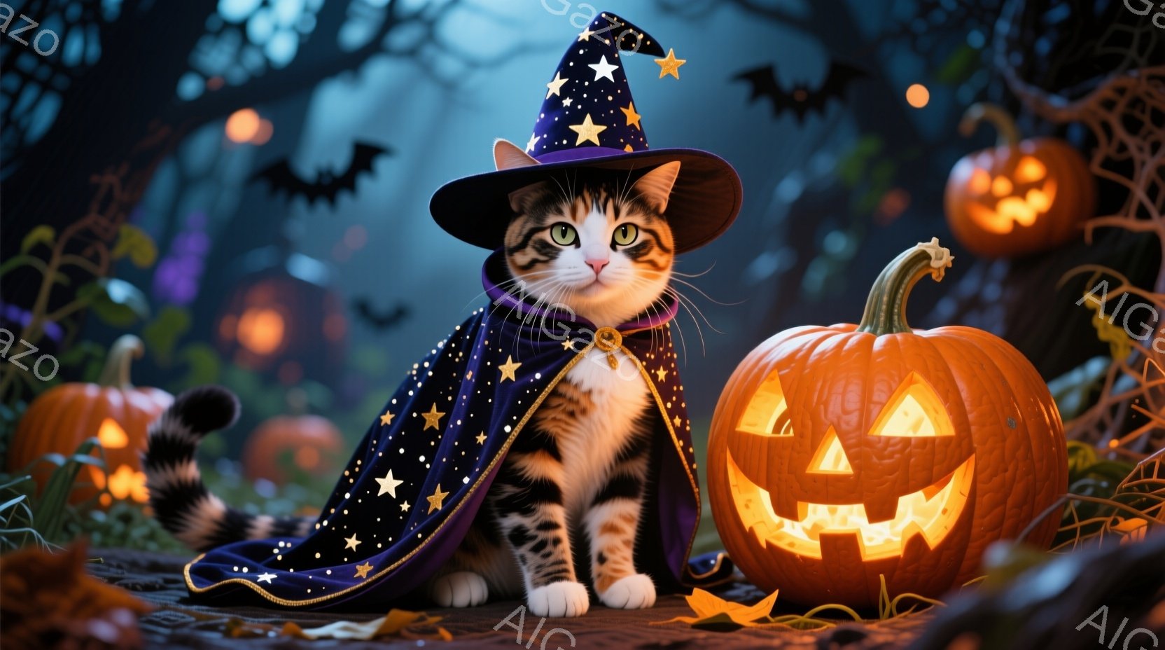 茶色と白のまだら模様の猫が、星が散りばめられた黒い魔法使いの帽子とマントを着て座っています。猫は少し微笑んでおり、その目は優しく、ハロウィーンの雰囲気の中で可愛らしさを際立たせています。背景には、光るカボチャのランタンと、葉っぱが散らばる薄暗い森が広がり、ハロウィーンの夜の神秘的な雰囲気を醸し出しています。
