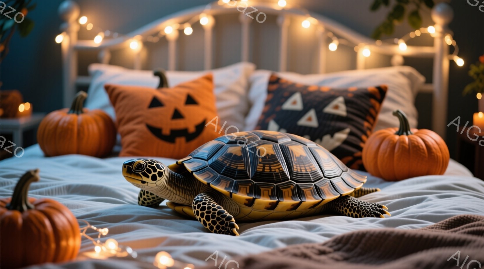 白いベッドの上に、ハロウィーンをテーマにした装飾が施されています。カボチャのクッションとオレンジ色のカボチャが置かれ、ベッドの背景には点灯したハロウィーンライトが飾られています。中央には甲羅に美しい模様が入ったリクガメが歩いているかのように配置され、リラックスした雰囲気を醸し出しています。