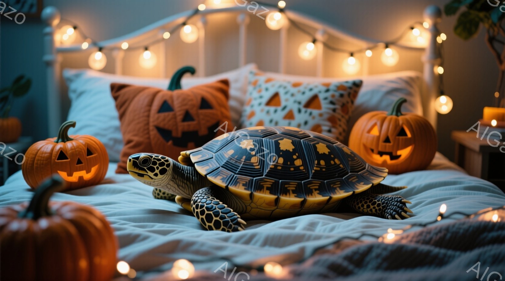 ベッドの上に、ハロウィーンの装飾と大きな亀が配置されています。オレンジ色のカボチャのクッションや、光るハロウィーンのランタンが並べられ、亀はリラックスした姿勢でその中央に座っています。全体的に暖かく、 - AI生成フリー素材