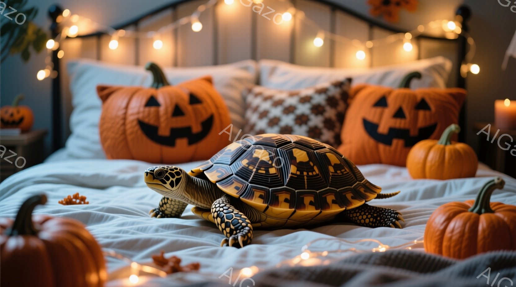 白いベッドの上に、ハロウィーンの飾り付けがされています。オレンジ色のジャック・オー・ランタンのクッションやカボチャが置かれ、ベッドのヘッドボードの上には小さなライトが飾られています。その中央には、甲羅に独特の模様が入ったカメが、リラックスした様子で仰向けに寝そべっています。
