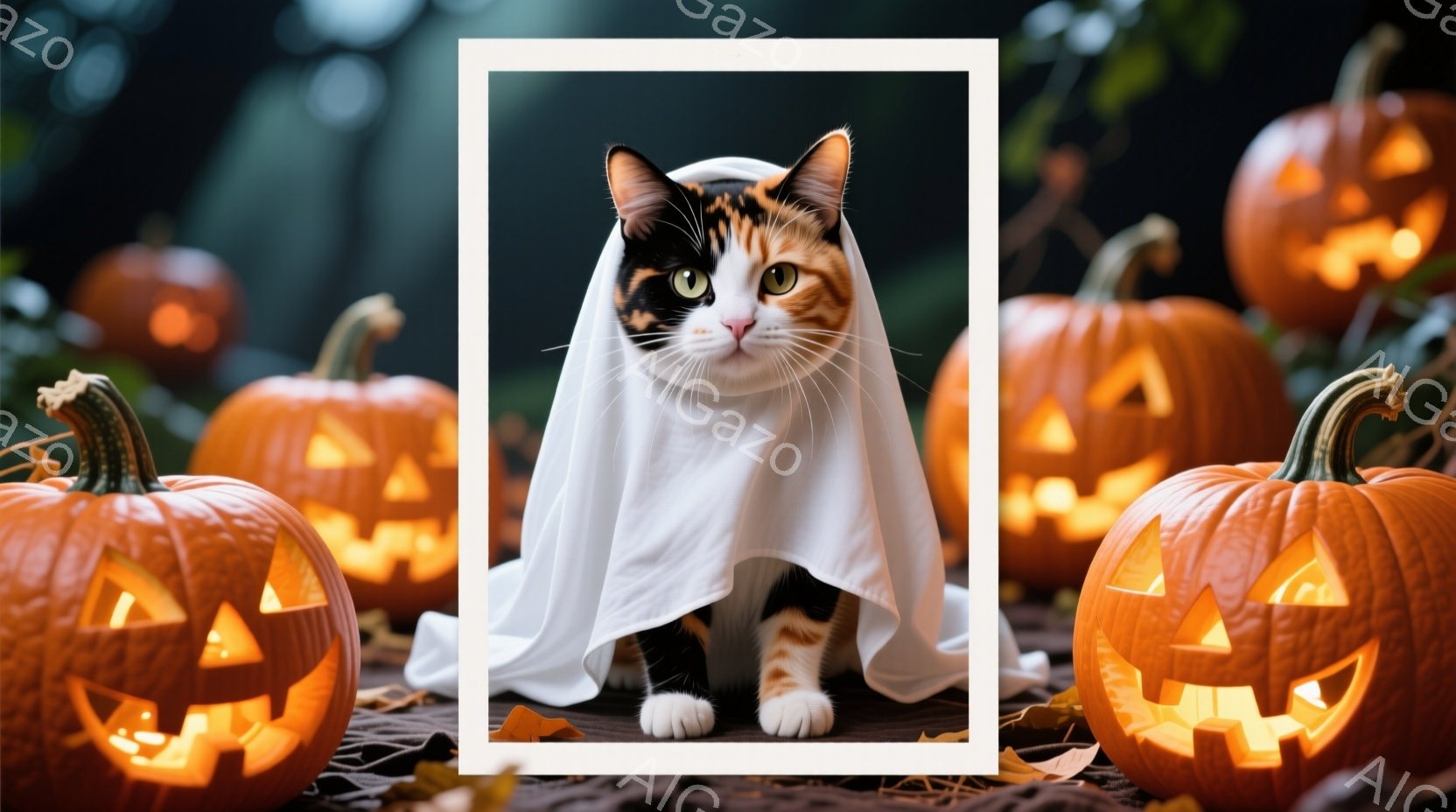 白い布を羽織った三毛猫が、正面を向いて立っています。背景には、ジャック・オー・ランタンがいくつか並べられており、ハロウィーンの雰囲気です。暖色系の照明と暗い背景が、ミステリアスで楽しいムードを醸し出しています。