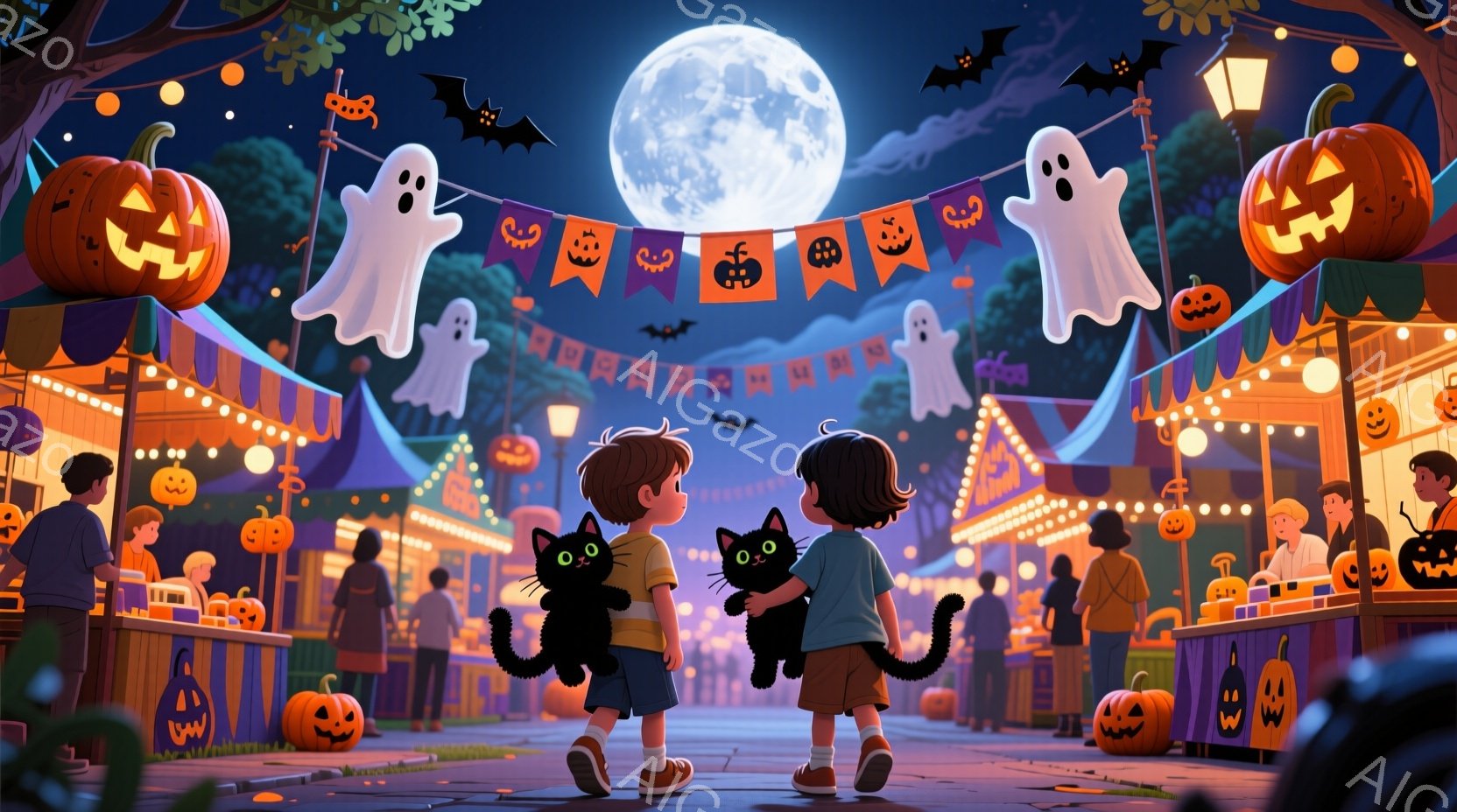二人の子供が、ハロウィーンの夜の賑やかな祭りで、それぞれ黒猫を抱えています。少年は短髪で青いTシャツ、少女は茶色の巻き毛で赤いワンピースを着ており、両方とも少し後ろを向き、祭りの雰囲気を楽しんでいるよ - AI生成フリー素材