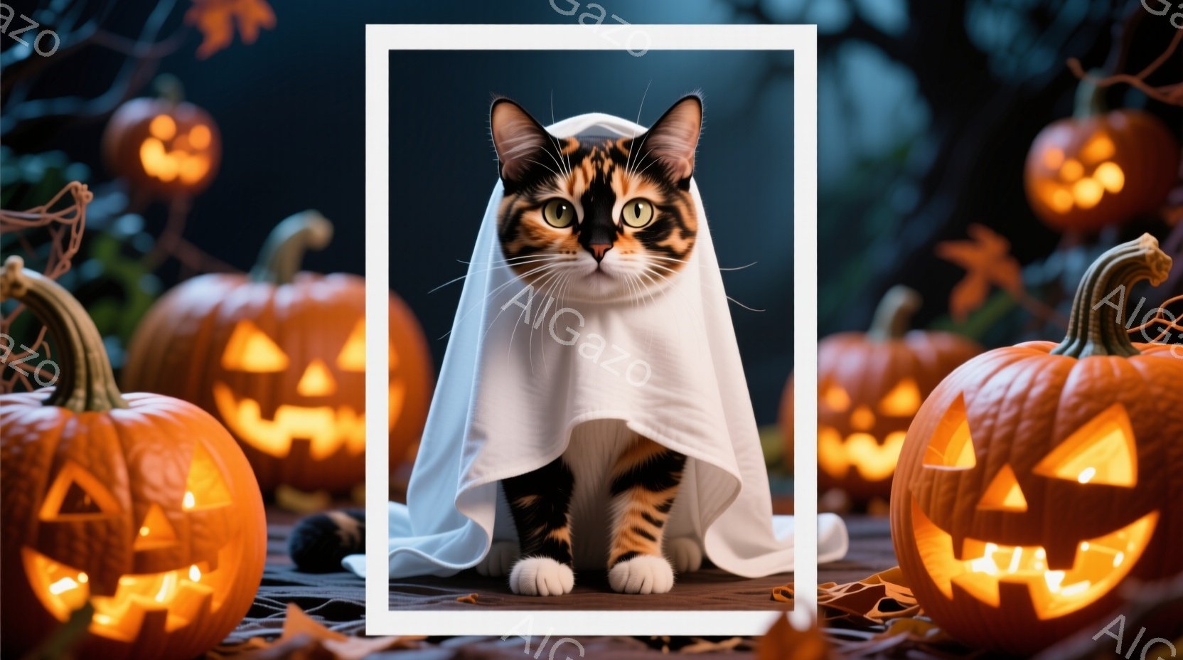 オレンジと黒のまだら模様の猫が白い布をまとい、ハロウィンの仮装をしている。猫は正面を見据え、少し警戒した表情で座っている。背景には、彫刻が施された光るカボチャがいくつか配置され、落ち葉が散らばる薄暗い空間が広がっている。